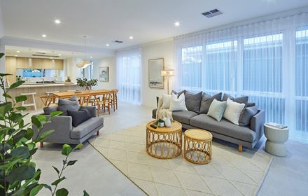 The open plan living and dining space in The Mahala display home by Blueprint Homes